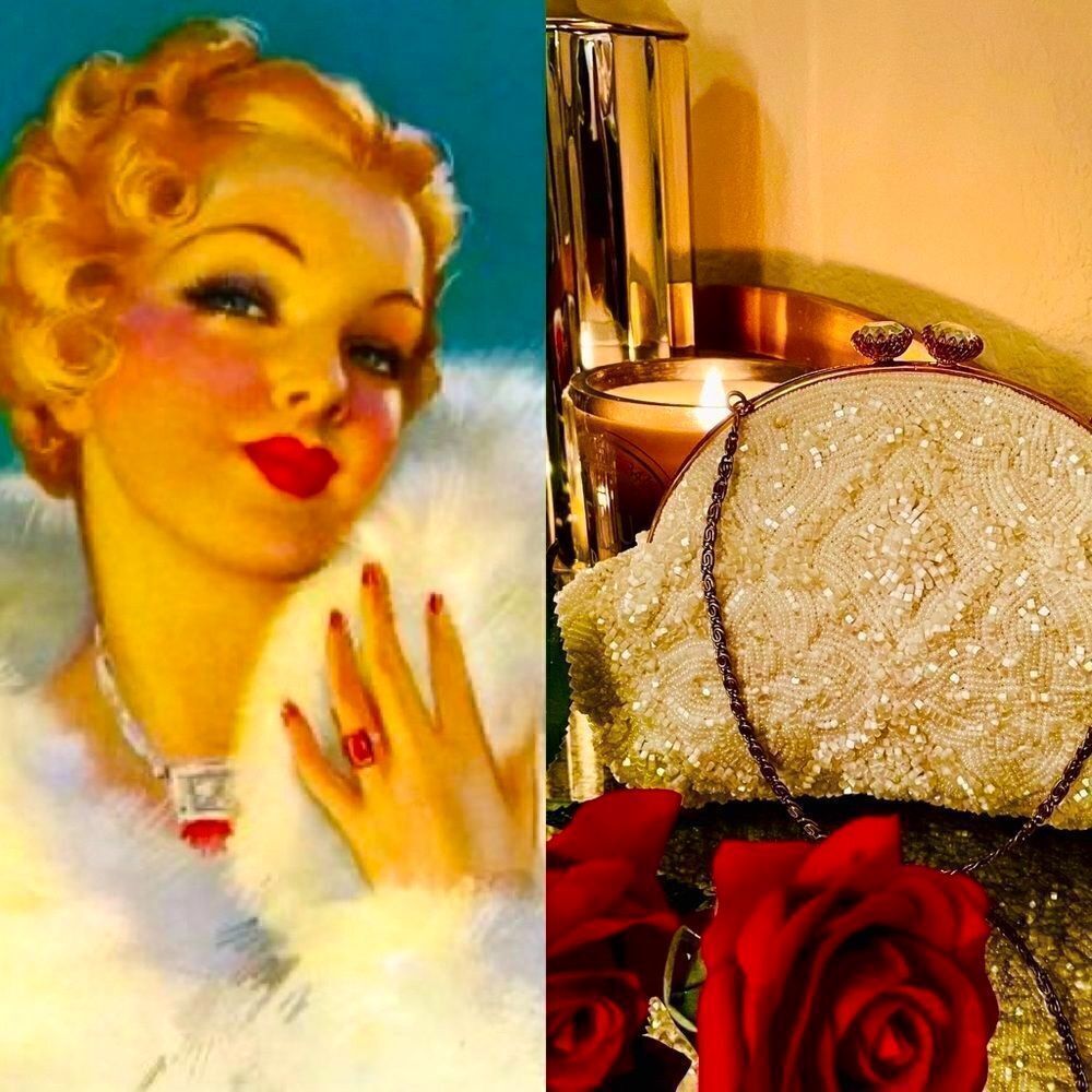 ♥️ Vintage beaded purse, wedding clutch 1950s-60s Iridescent jeweled clasp